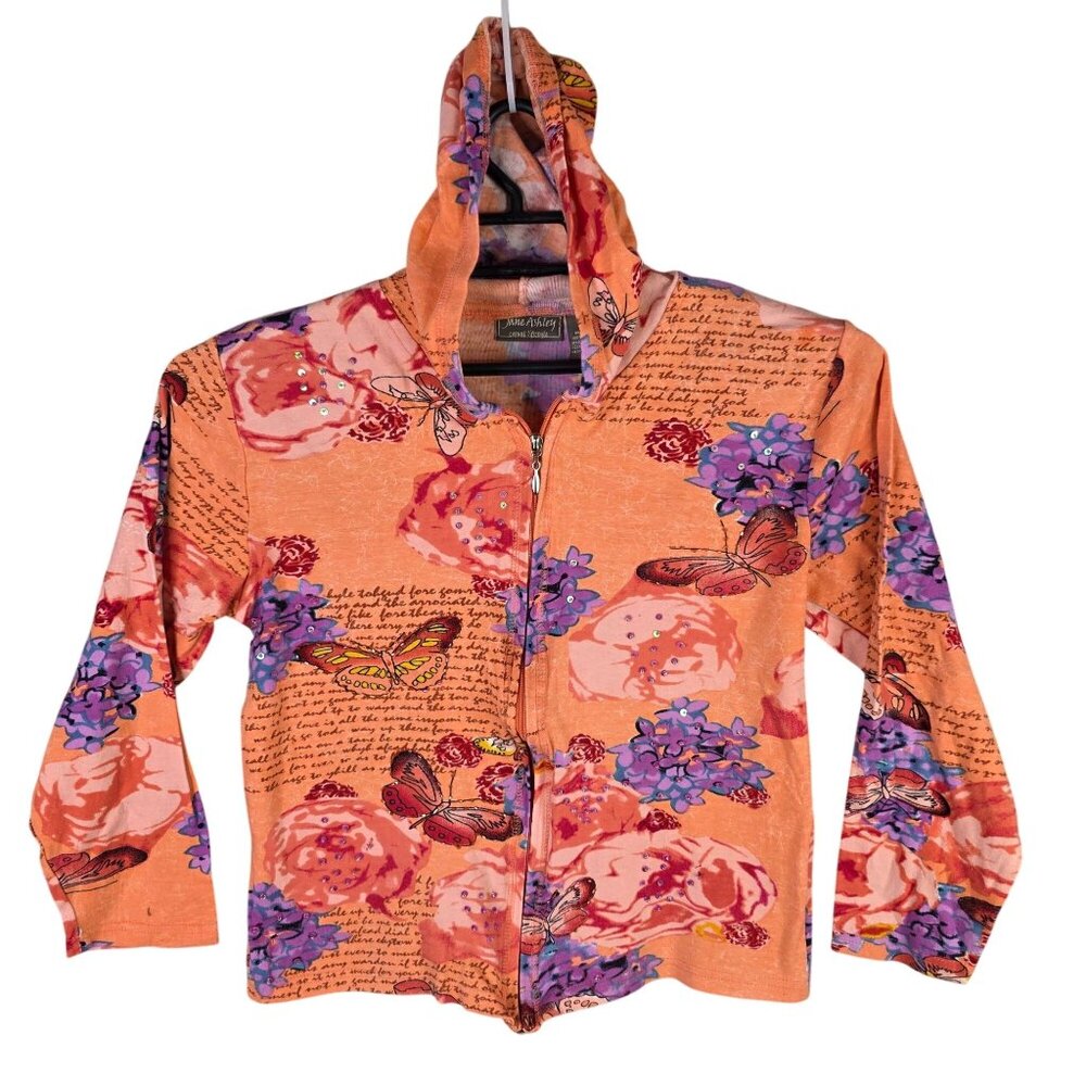 Womens Jane Ashley Orange Purple Floral Butterfly Hoodie Jacket Full Zip Size L